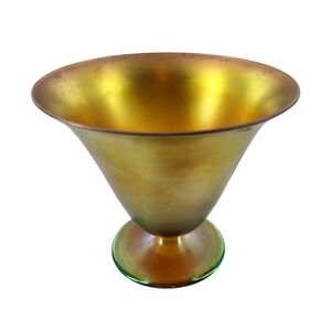 Steuben Aurene Gold Blue Iridescent Art Glass Compote Pedestal Bowl Vintage 5"